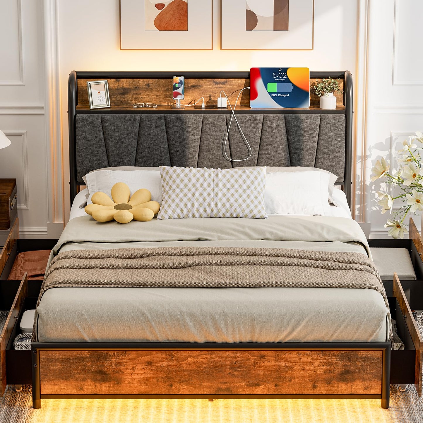 CIKUNASI Full Size Bed Frame with Headboard and Storage 4 Drawers Platform Bed Frame with Storage Chargin Station LED Light Bed Frame