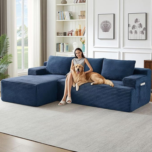 96" Cloud Sectional Couch with L-Shape Chaise, Modern Corduroy Boneless Couch for Living Room,Memory Foam Sofa with Deep Seat,No Assembly Required (Blue,Left-Facing Chaise)