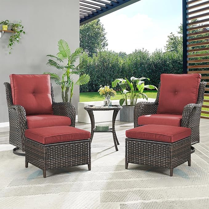Rilyson Wicker Patio Furniture Set - 5 Piece Rattan Outdoor Sectional Conversation Sets with 2 Swivel Rocking Chairs,2 Ottomans and 1 Side Table for Porch Deck Garden(Brown/Red)