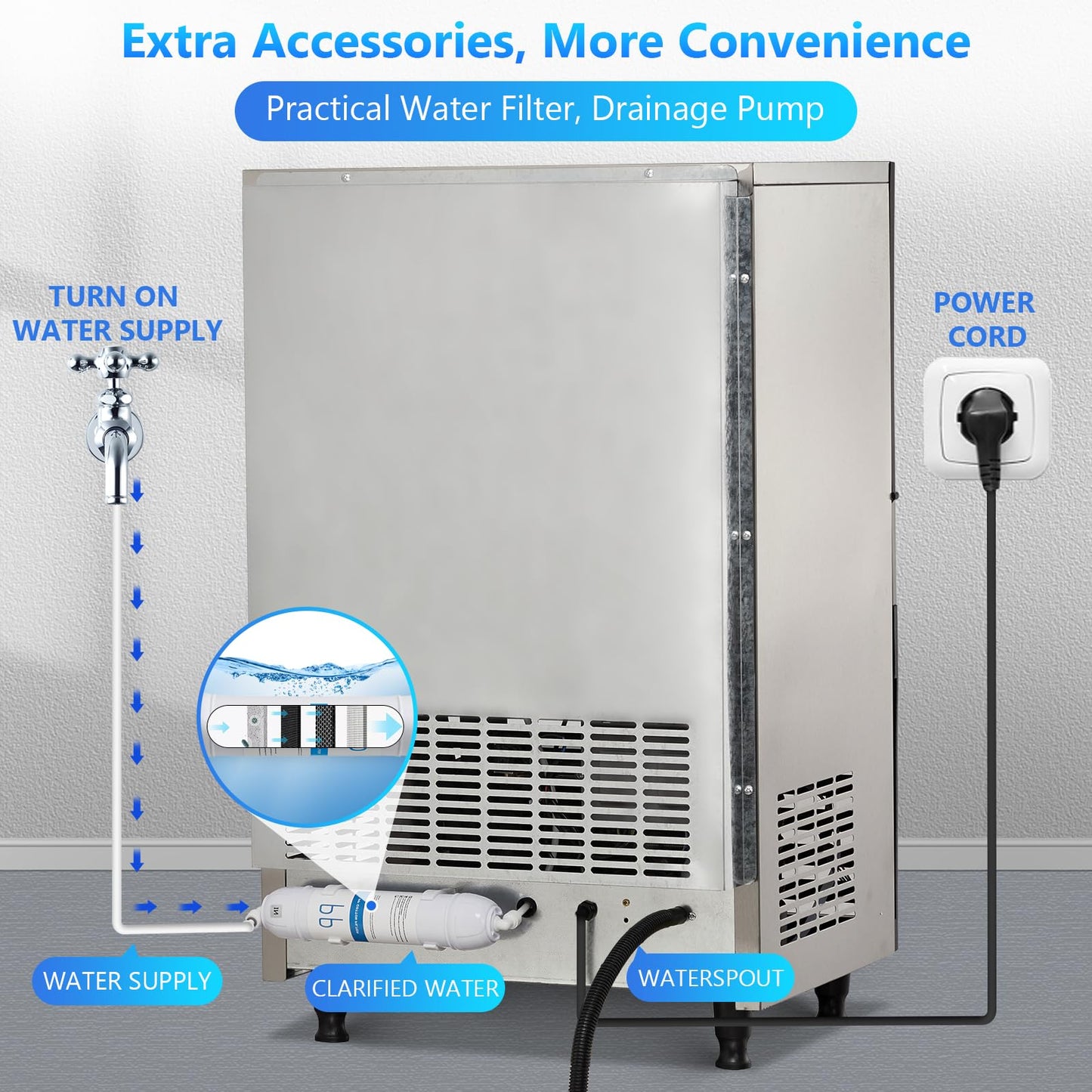 Commercial Ice Maker Machine 110lbs/24h with 27lbs Storage Bin, Stainless Steel Ice Machine with Ice Scoop, Electric Water Drain Pump & Water Filter, Freestanding Ice Machine for Home/Restaurants/Bars