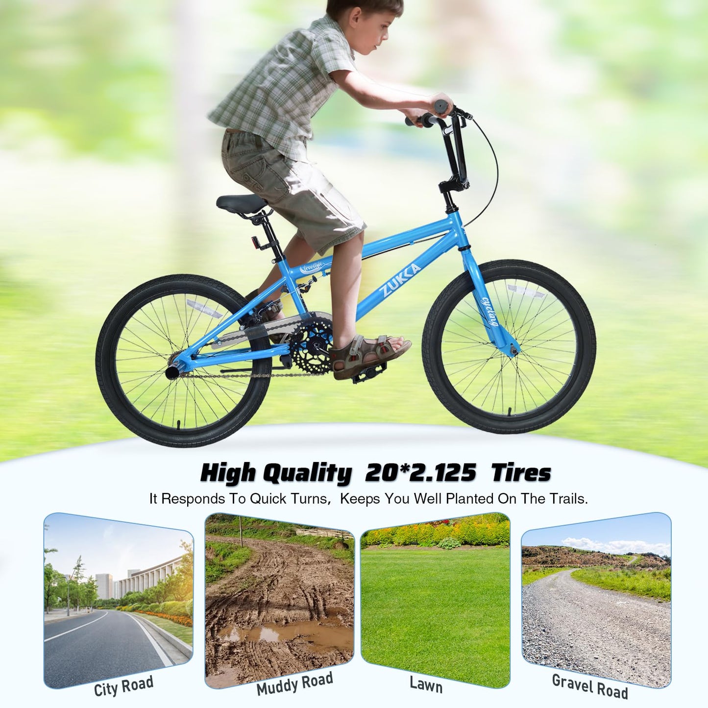 GRELiving 20" Kids Freestyle BMX Bike – High-Carbon Steel Frame, Lightweight & Durable Bicycle for Boys & Girls (Ages 7-10), Multiple Colors (Blue/White)