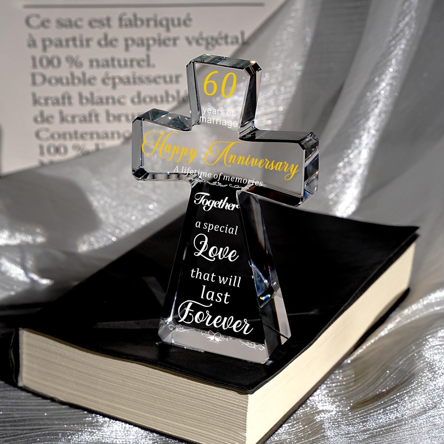 JOASURA 60th Wedding Anniversary Crystal Cross Gifts for Couple, 4x6”Laser Engraved 60 Years of Marriage Religious Gift for Parents