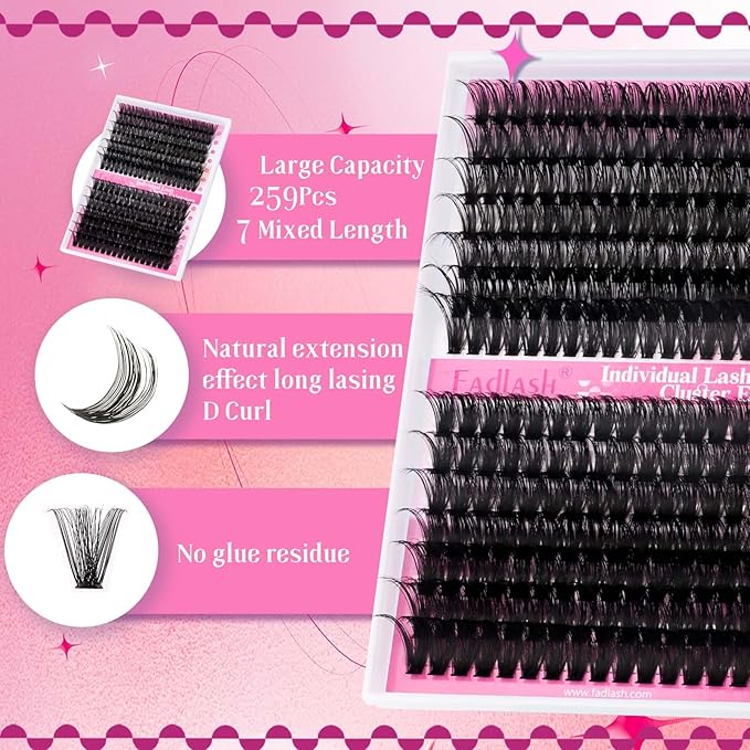 FADLASH Lash Extension Kit 60D+80D Lash Clusters D Curl Lash Cluster Kit DIY Eyelash Extension Kit with Lash Bond and Seal Lash Applicator Tool fluffy Cluster Lashes(60+80D Kit, Mix 15-20mm)