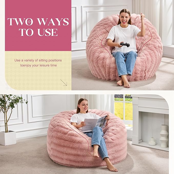 Hobestluk Bean Bag Chairs Beanbag Chair with Filler Adult Bean Bags with Fluffy Ripple Cover, Giant Bean Bag Chairs for Adults (Pink, 4FT - 44" x 44" x 24")