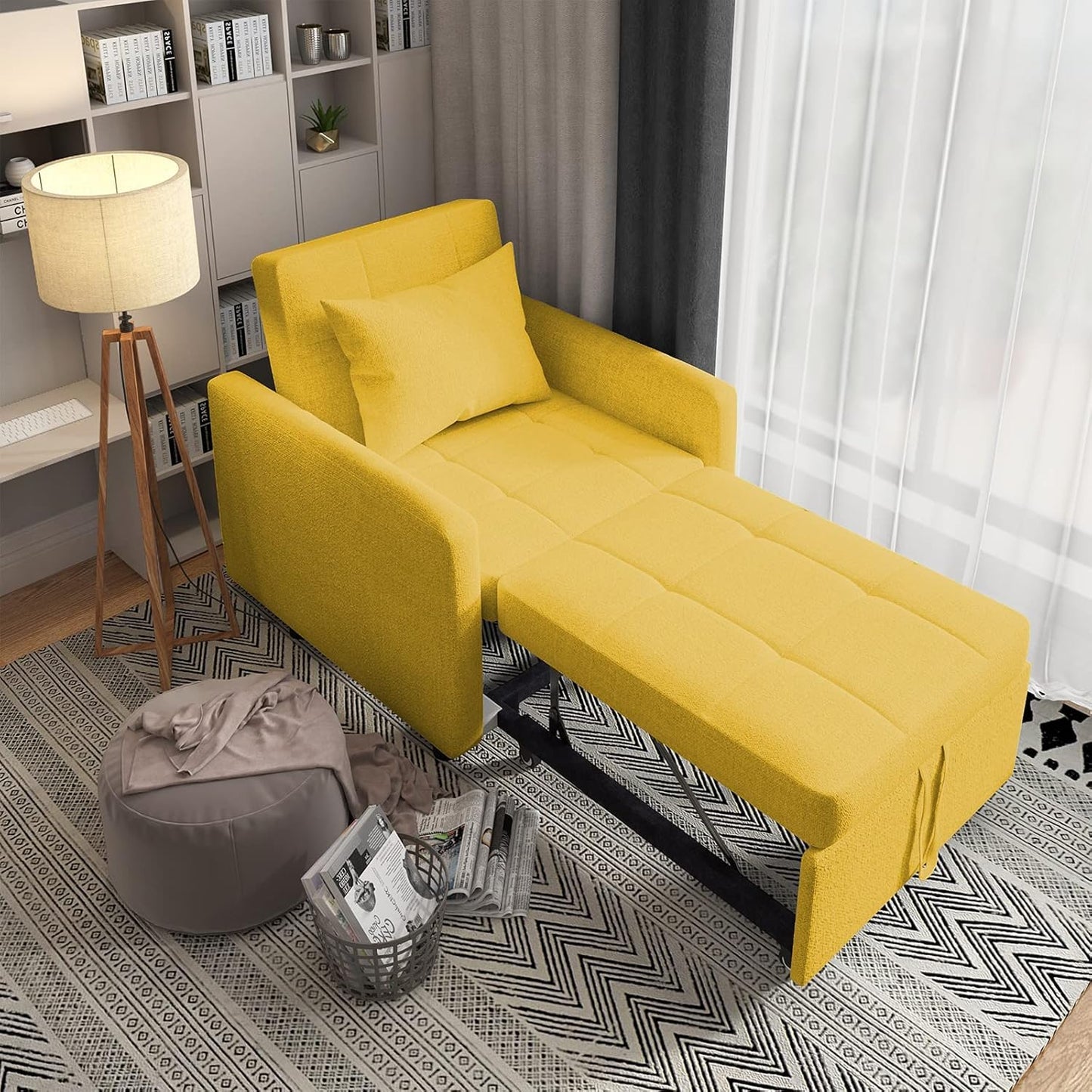 saows 3 in 1 Convertible Chair Bed, Convertible Sleeper Chair Bed, Lounger Chair, Adjustable Backrest with Pillow, Modern Sofa Bed for Living Room Apartment, Bright Yellow