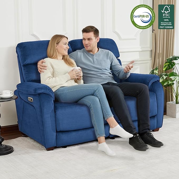 MCombo 61.6'' Wall Hugger Power Loveseat Recliner, Reclining Loveseat with Adjustable Headrest, USB Charge Ports, Wood Legs for Living Room, RVs, Small Spaces, Fabric ST258M1 (Loveseat, Navy Blue)