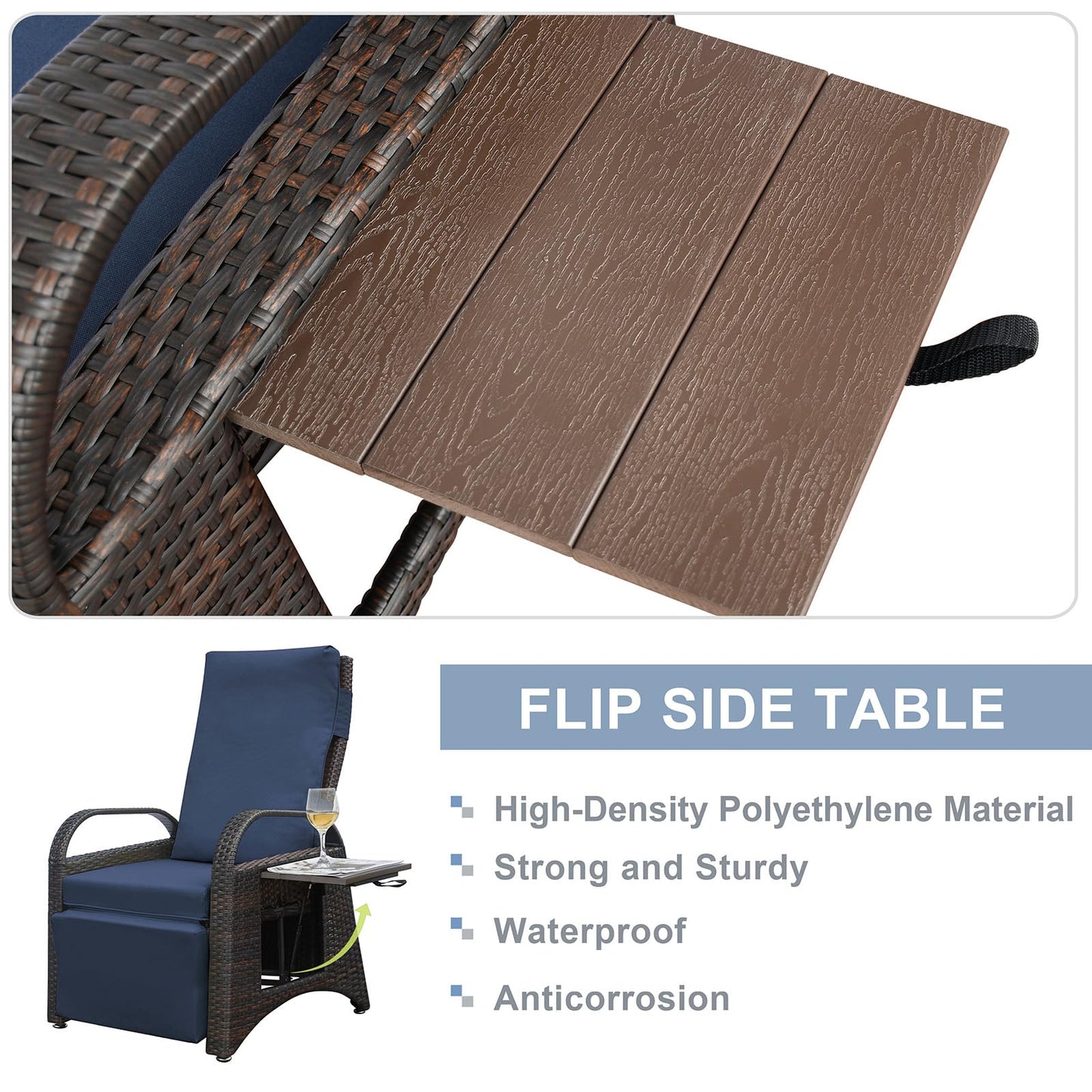 Skypatio Outdoor Wicker Recliner Chair with Side Table, Adjustable Backrest Footrest Patio Recliner Lounge Chair, All-Weather Resin Wicker Reclining Patio Chairs, Navy Blue
