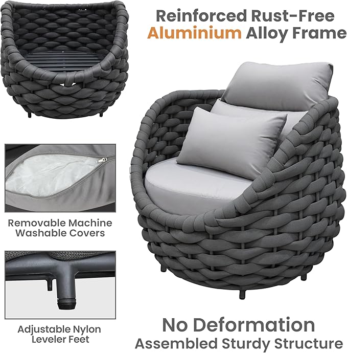 Erotr 4 Pieces Assembled Patio Conversation Sets, Aluminum Outdoor Furniture Sofa Set - Modern Cushioned Set Hand Woven Rope Couch Armchair Set for 4 - All Weather for Indoor Deck Porch Backyard Hotel