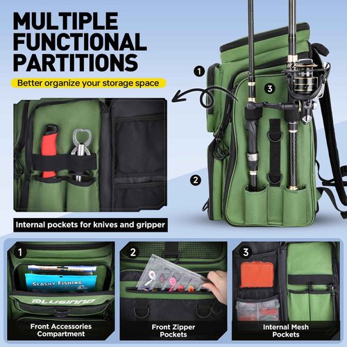 PLUSINNO Fishing Backpack with Rod Holders 4 Tackle Boxes, 42L Large Water-Resistant Fishing Tackle Bag Store Fishing Gear for Fishing, Camping, Hiking, Fishing Gifts for Men Father, Green