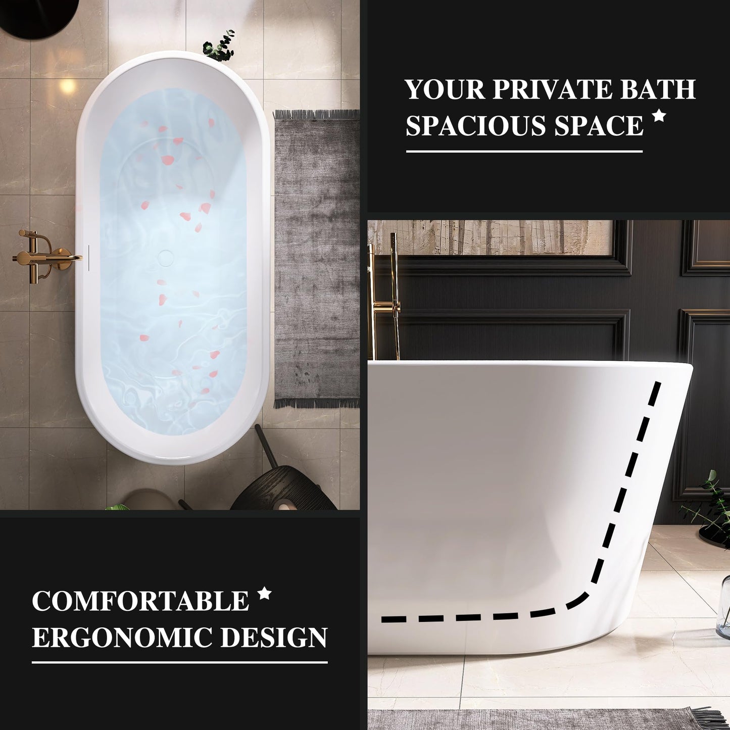 Adecab 59" Acrylic Freestanding Bathtub, Free Standing Tub, Stand Alone Tub, Soaking Tub with Integrated Overflow and Drain, cUPC Certified, Gloss White