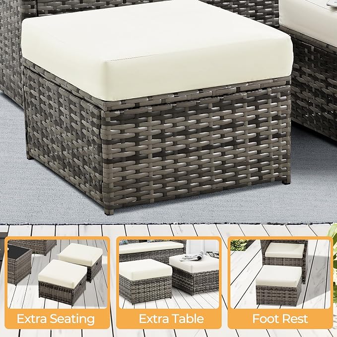 FHFO 6 Pieces Outdoor Patio Furniture Set, Wicker Sectional Sofa Patio Conversation Set Couch with Ottomans Rattan Chair and Table for Garden, Yard,Gray-Beige