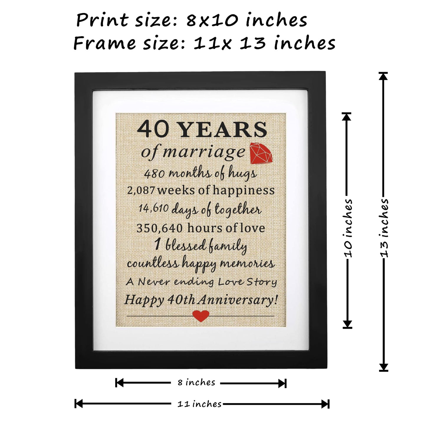 40th Anniversary Burlap Print, 11" X 13", Wedding Marriage Decoration, Anniversary Present for Couples, Gifts for Mom & Dad
