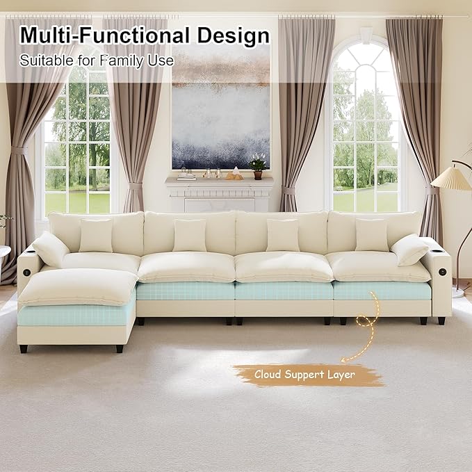 KCGKCG 152" Modular Sectional Sofa, L Shaped Cloud Couch with Movable Ottoman, Chenille Deep Seat Cloud Sofa with Charging Station, Cup Holder, Side Pocket, Sectional Couches for Living Room, Beige