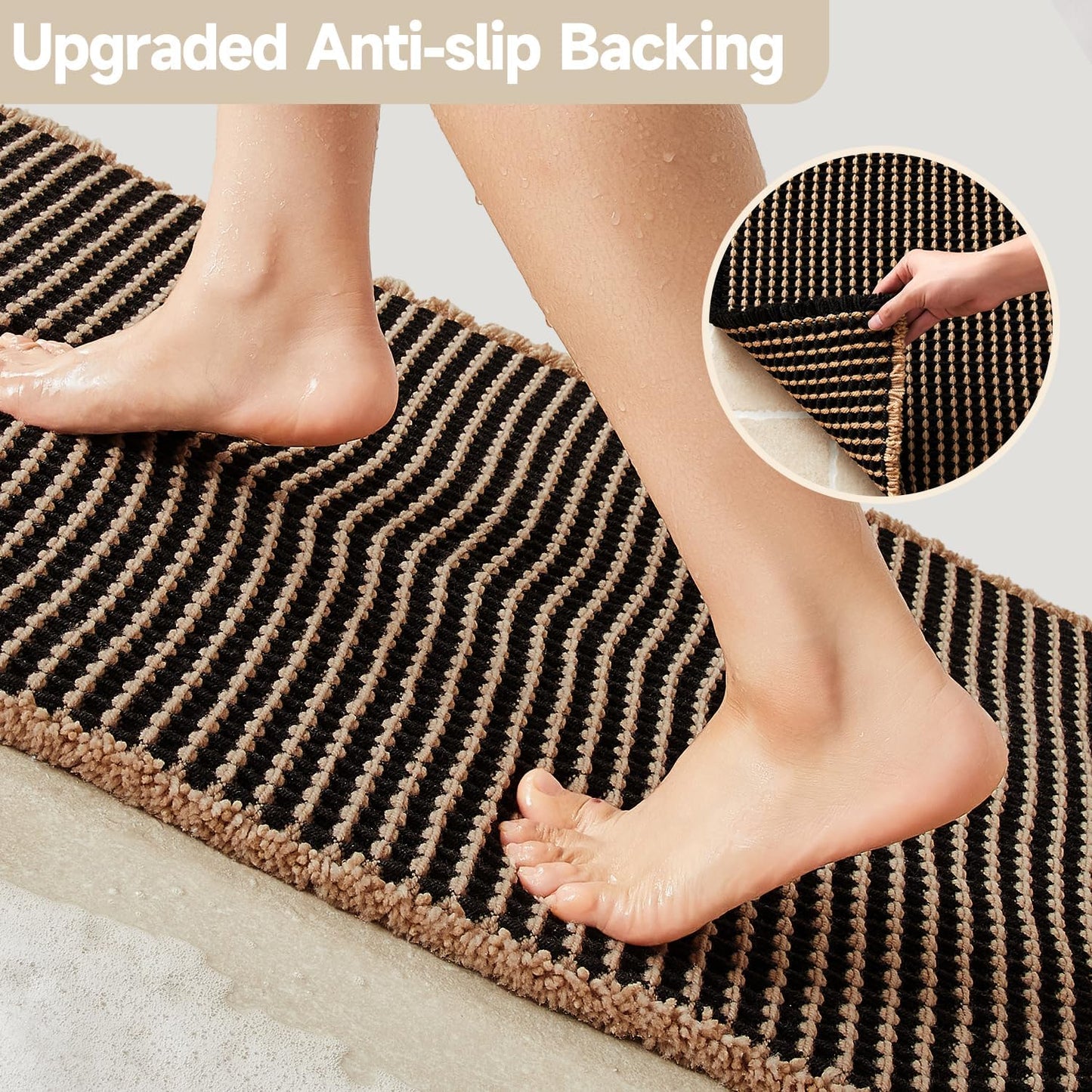 Waffle Bath Mat, Boho Bathroom Rugs Non Slip Washable Super Absorbent Quick Dry Bath Mat Farmhouse Bathroom Decor, 36"x24" Khaki and Black