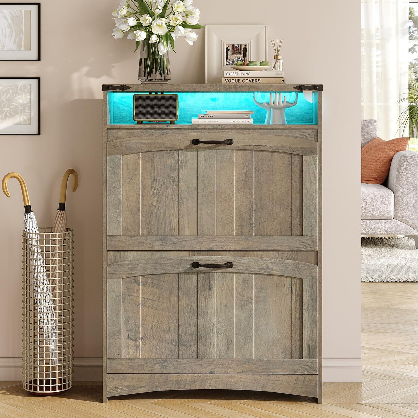 Maupvit Shoe Storage Cabinet with 2 Flip Drawers & Open Storage & RGB Lights, Narrow Shoe Rack Organizer Cabinets, Slim Shoe Cabinet for Entryway, Entrance, Hallway, Foyer, Rustic Grey