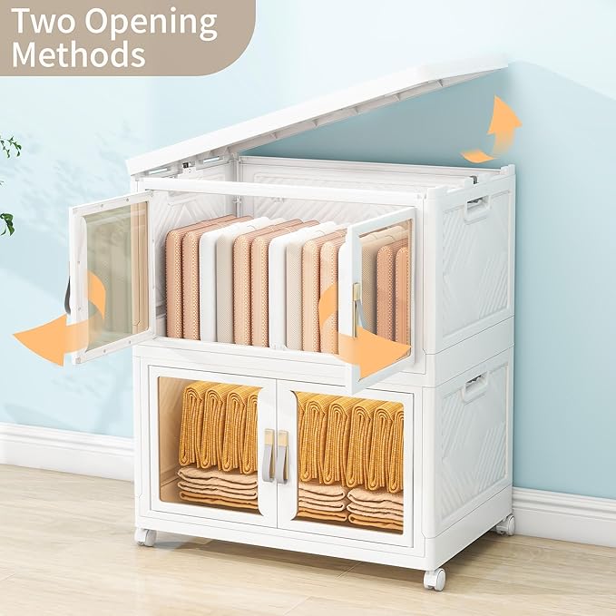 Large Stackable Storage Bins with Lids, 230QT-115QT*2Pack Foldable Cabinet for Closet Organizers, Plastic Storage Containers Box with Wheels