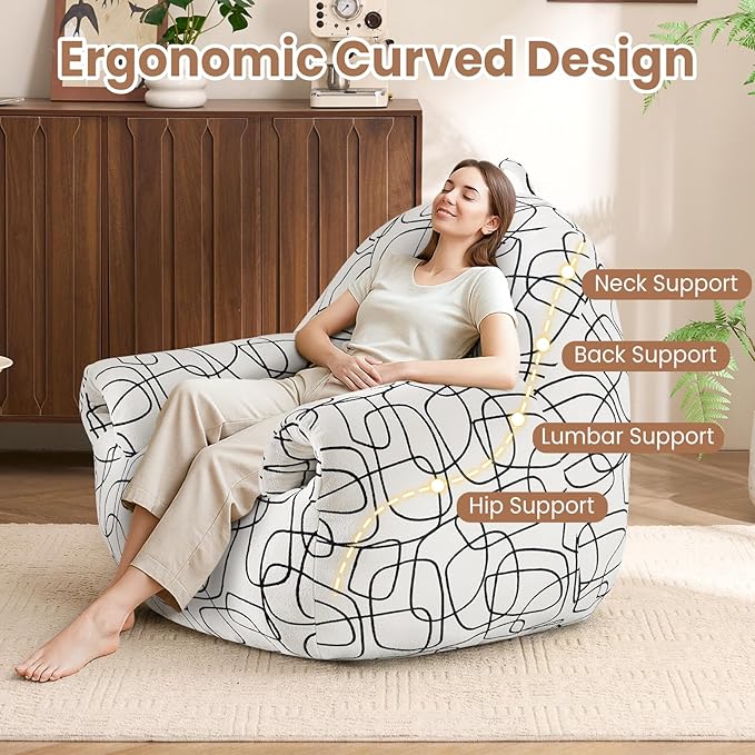 Peace nest Bean Bag Chair with Memory Foam Filled Ultra Soft Jacquard Pattern Cover for Adults Comfy Fur Bean Bag Chairs with Armrests for Bedroom Living Room Office Dorm Reading Lines