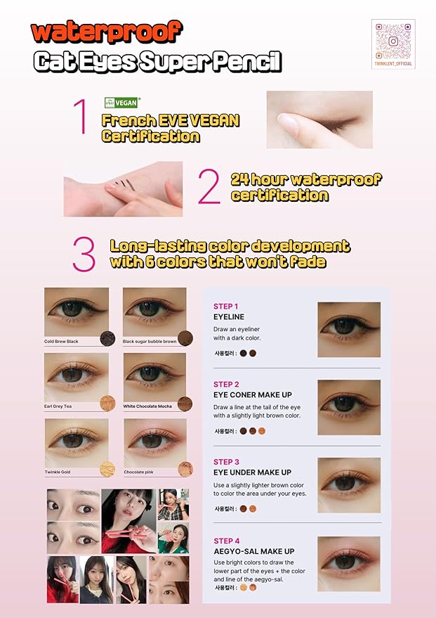 TWINKLENT Cat Eyes Super Pencil – 24-Hour Long-Lasting Waterproof Gel Eyeliner, Multipurpose Vegan Eye Makeup, Built-in Sharpener, 6 Shades (6-Chocolat Pink)