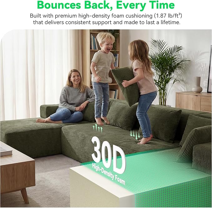 MONVANE 141'' Modular Sectional Sofa, PRO Version U-Shape Boneless Couch, Oversized Deep Seating Cloud Couch, No Assembly, High-Resilience Foam, Soft Corduroy Fabric, for Living Room Apartments Green | Convertible