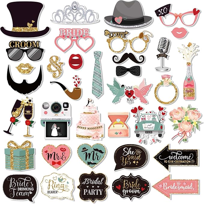 36 PCS Wedding Photo Booth Props Party Supplies Selfie SignsHoliday Picture Decorations Photo Booth Props for Weeding Part...