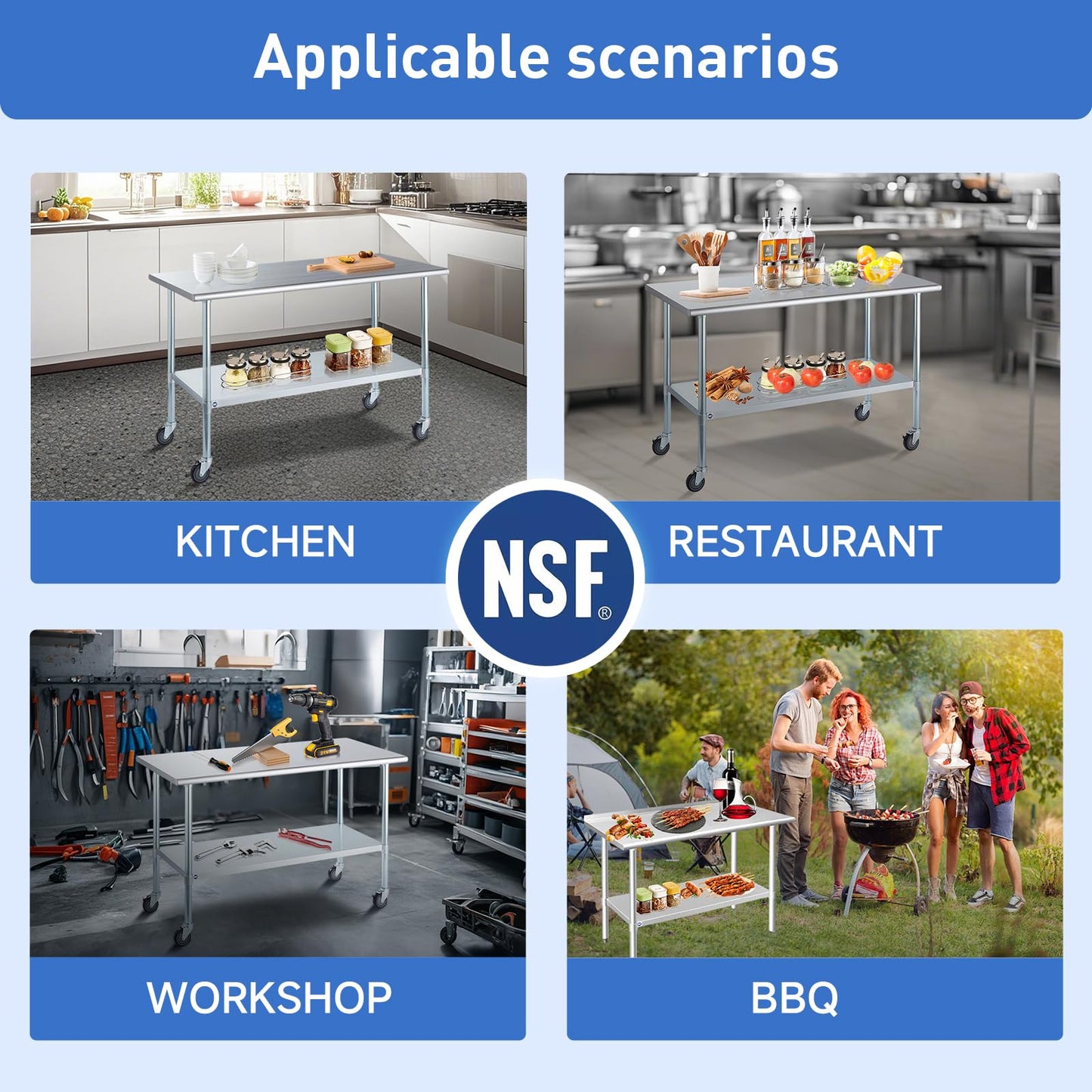 ROCKPOINT Stainless Steel Table for Prep & Work 18x30 Inches, NSF Metal Commercial Kitchen Heavy Duty Table with Adjustable Under Shelf and Table Foot for Restaurant, Home and Hotel