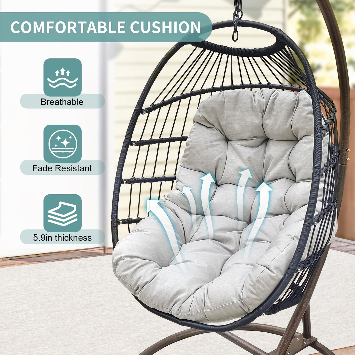 Hanging Egg Chair with Stand, Wicker Hammock Chair, Patio Swing, Foldable Basket, 350lbs Capacity for Indoor/Outdoor, Patio, Deck, Garden, Porch, Terrace