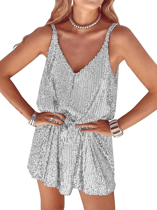 MIYIEONZ Women Sequin Sexy V Neck Shift Dress Sparkly Glitter Sleeveless Short Flowy Loose Party Night Out Club Dress