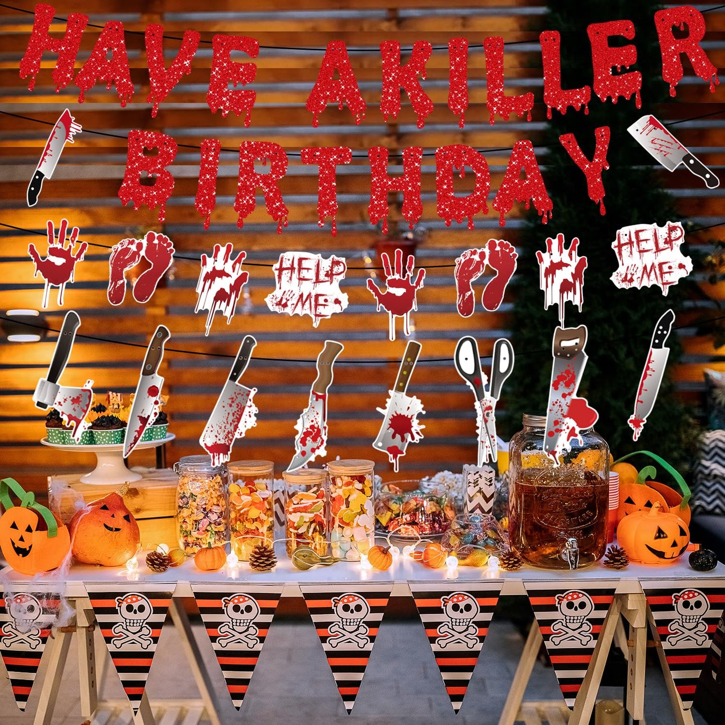 Gameza Halloween Birthday Party Decorations, 4PCS No-DIY Have a Killer Horror Birthday Banners Bloody Murder Supplies, Mystery Spooky Party Fake Knife Banners Decor
