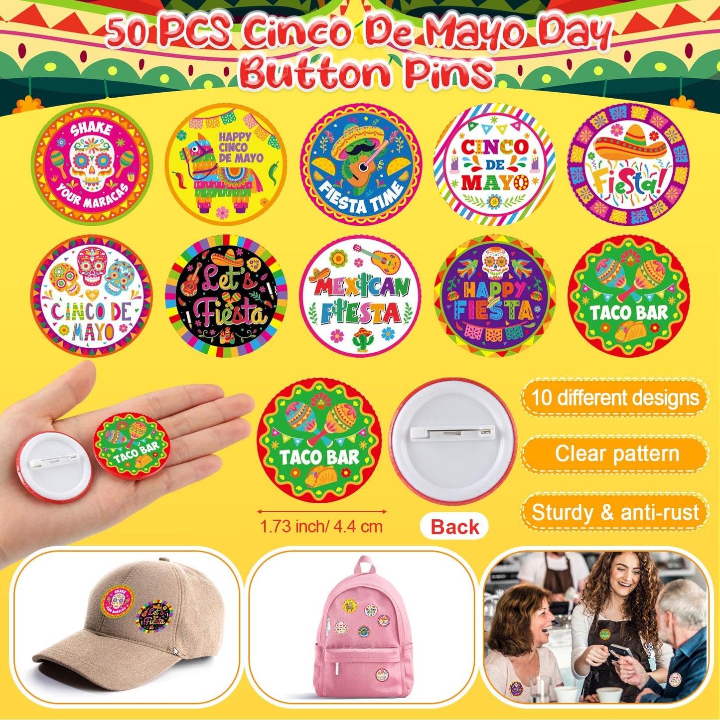 Highergo 150 Pcs Mexican Fiesta Party Favors Set 50 Cinco De Mayo Button Pins Badges 50 Fiesta Bead Necklaces 50 Party Favors Silicone Bracelets for Birthday Festival Party Supplies(Mexican Fiesta)