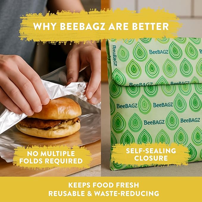 BeeBAGZ - Beeswax Wrap Storage Bag, Reusable Food Storage Bags, Pack of 3, Plastic Free Biodegradable Food Wrap Alternative, Starter Pack, 1 Small + 1 Medium + 1 Large, (Green)