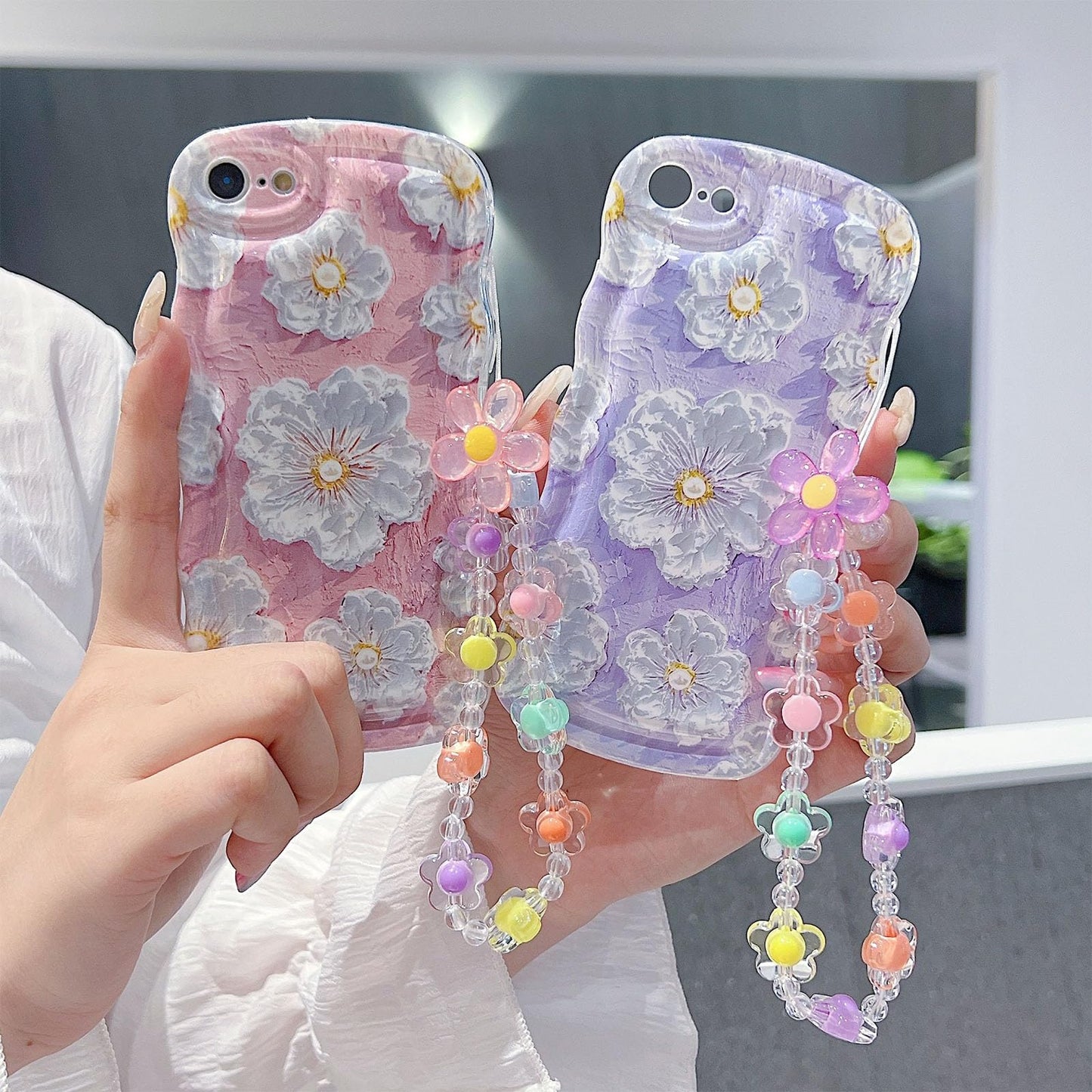 For Iphone 6 Iphone 6S Curly Wavy Case, Cute Colorful Retro Oil Painting Flower Glossy Pattern [With Bead Chain], Slim Fit Shock
