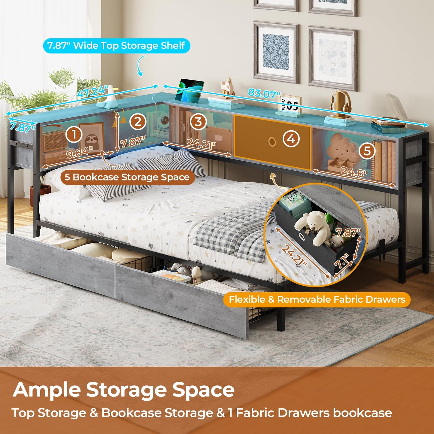 DICTAC Twin XL Corner Bed Frame with Bookcase Storage and Led Lights Metal Platform Bed Frame with Storage Drawers & Charging Station Twin XL Daybed for Living Room,Bedroom and Guest Room,Oak Gray