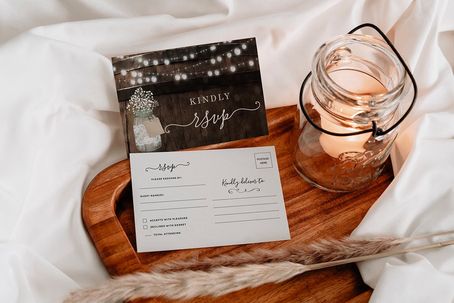 Your Main Event Prints 50 Rustic Mason Jar RSVP Postcards for Wedding, Response Cards, Reply Cards Perfect for Bridal Shower, Rehearsal Dinner, Engagement Party, Baby Shower