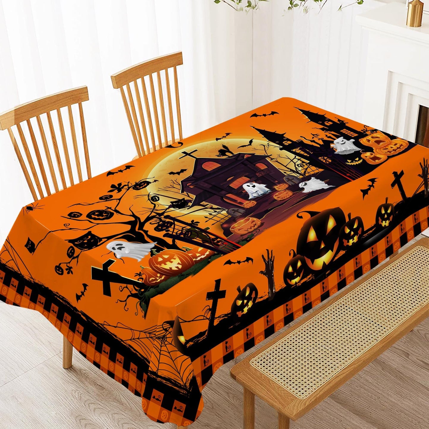 Hexagram Halloween Tablecloth 60 x 84 Inches Rectangle, Halloween Table Cloth Rectangular, Pumpkin Castle Ghost Tablecloths for Home Kitchen Dining Decor