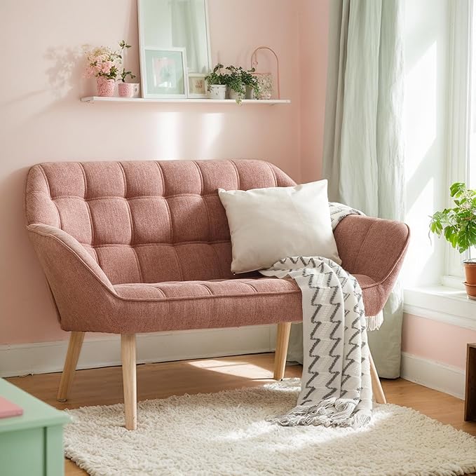 Hyfirm Small Loveseat Sofa, 48 inch Love Seat for Living Room Comfy Chenille Mini Couch with Wood Legs for Small Spaces Bedroom Apartment Office, Pink