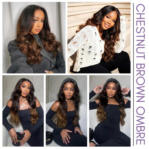AUROO T1B/2/30 Chestnut Brown Ombre Human Hair Bundles Body Wave 24 Inch, 12A Thick Track 100% Virgin Human Hair Bundles Dark Roots Bundle 3 Tone Ombre Medium Auburn Colored Single Bundle Quick Weaves