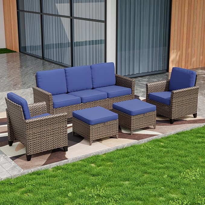 COOS BAY Harbor Retreat 5 Piece Outdoor Furniture Set, Patio Conversation Set with Patio Chairs, 3 Seat Couch and Ottomans, Wicker Furniture, Brown/Blue