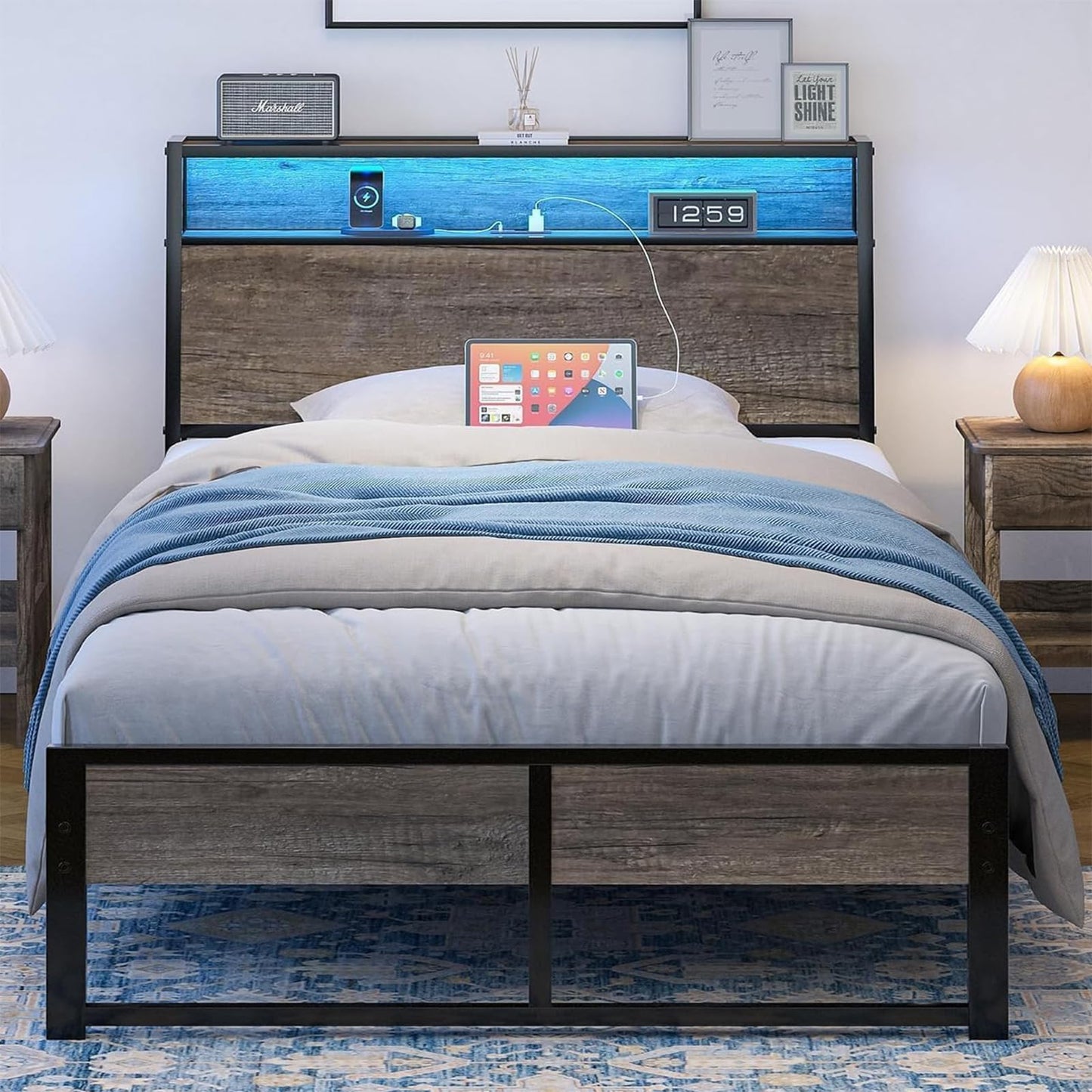 Twin Bed Frame with LED Lights and Charging Station, Twin Size Bed Frames with Ergonomic Storage Headboard, Heavy Duty Metal Slats Support, No Box Spring Needed, Noise-Free, Easy Assembly, Grey