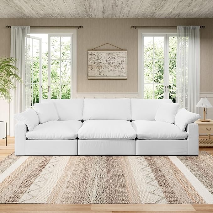 Intuition Decor Modular Sectional Sofa Cloud Couch,Down Filled Comfy Cloud Modern Sofa,White Linen Oversized Couch Cushion Covers Removable for Living Room(3 Seater)