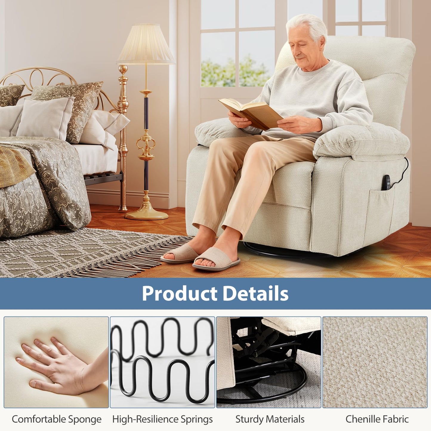 DUMOS Rocker Recliner Chair, Swivel Recliner with Vibration Massage & Lumbar Heating, 270° Rotating Chenille Fabric Recliner with footrest for Living Room & Bedroom, Beige