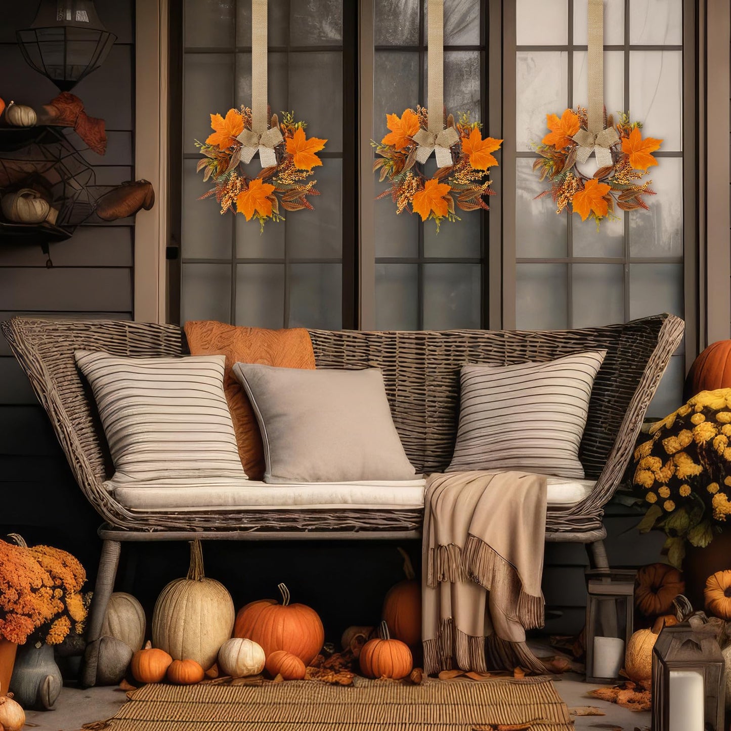 Hoteam 6 Pcs Fall Mini Wreath Thanksgiving Kitchen Cabinet Wreaths with Bow Ribbon Maple Autumn Artificial Faux Garland Small Farmhouse Decorative Garland for Front Door Wall Window(Fall Leaves)
