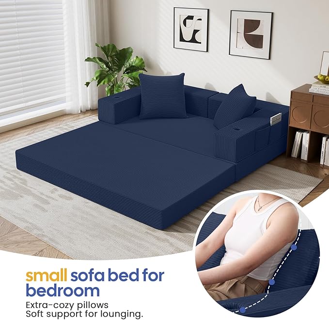 COMAX Futon Sofa Bed, 4‑in‑1 Convertible Sofa Bed, Folding Boneless Couches for Living Room, Fold Out Small Foldable Loveseat Floor Sleeper Comfy Mattress Lounge Space‑Saving, Navy Blue