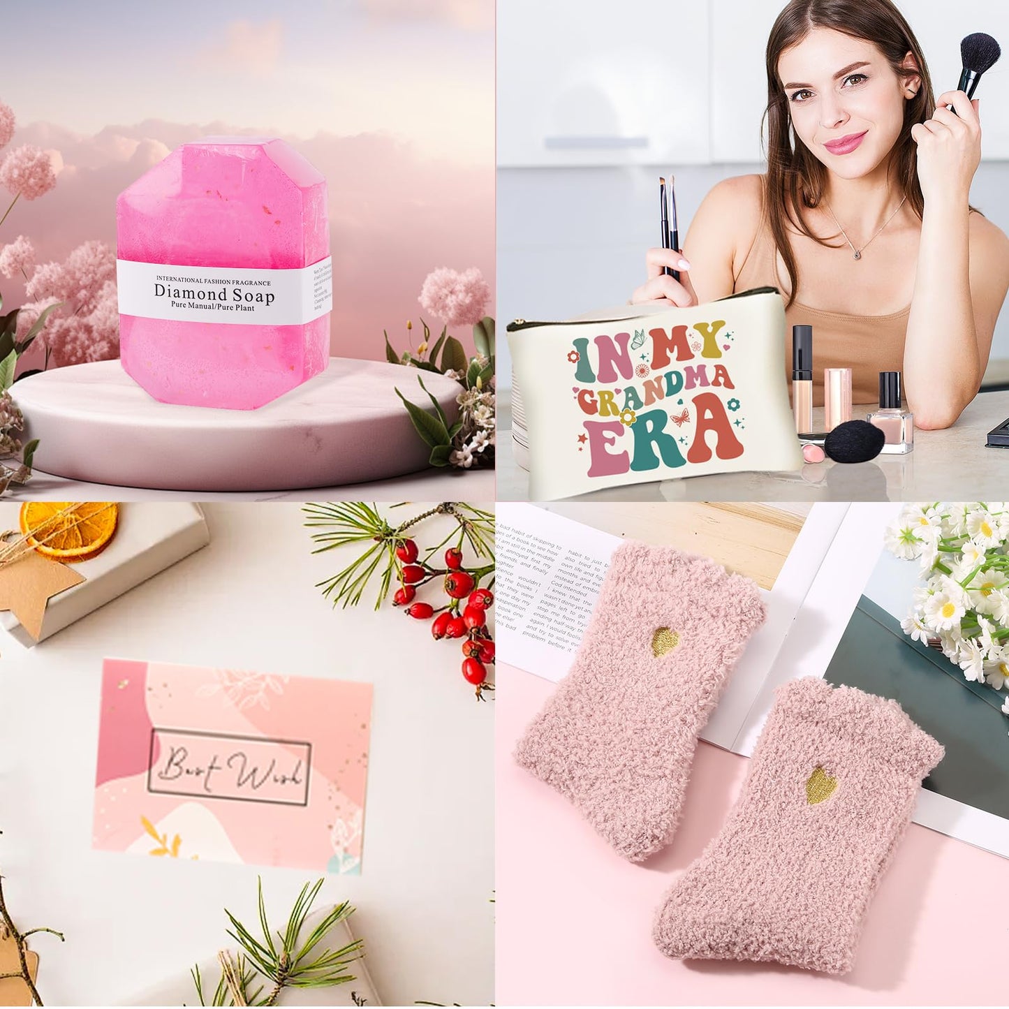 Grandma Birthday Gifts, Mothers Day Gifts for Grandma from Granddaughter Grandson, Uniuqe Christmas Easter Basket with Tote Bag Makeup Bag