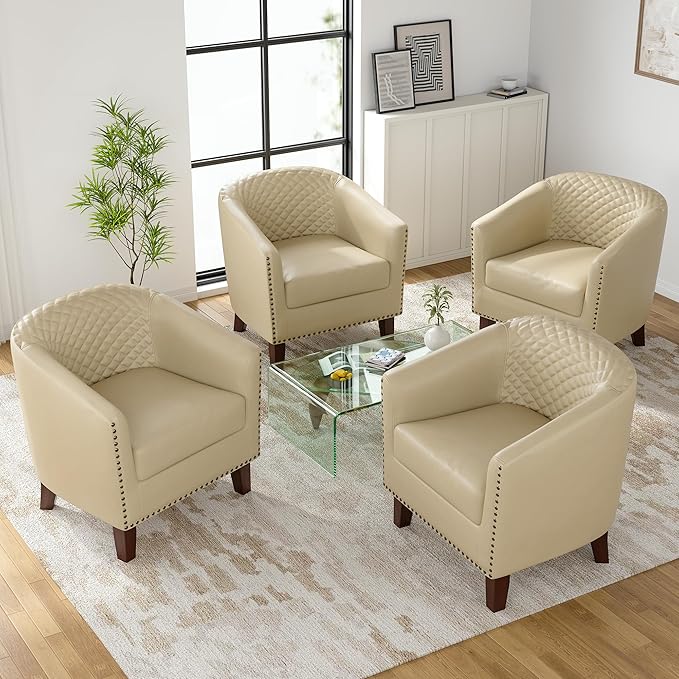 UIXE Faux Leather Barrel Accent Chairs Set of 4, Modern Club Upholstered Arm Chair, Comfy Armchair Nailed Trim Living Room Single Sofa Reading Seat Bedroom Side Sitting for Office, Beige