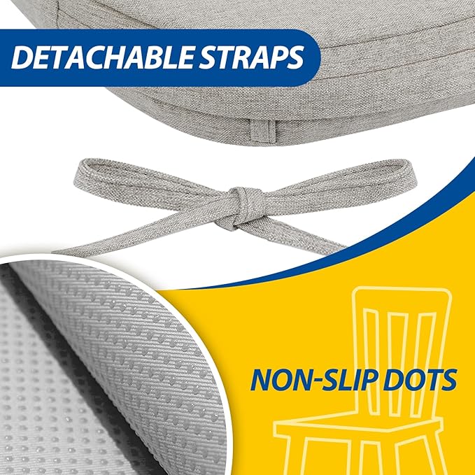 AAAAAcessories D-Shaped Chair Cushions, 2" Thick Dining Chair Pads with Ties and Removable, Machine-Washable Cover, 17" x 16", Set of 6, Khaki Gray