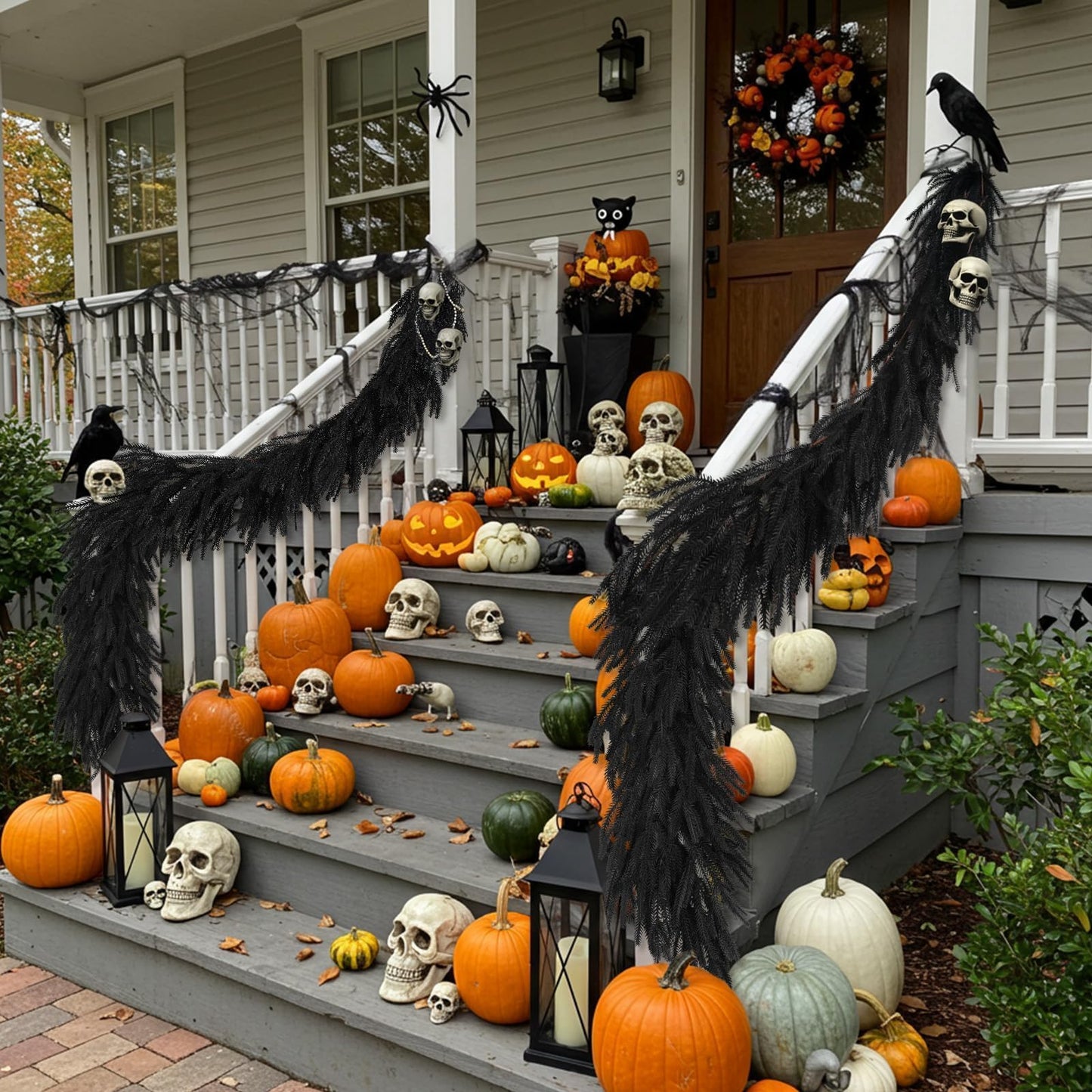 N&T NIETING 5.9FT Halloween Black Artificial Norfolk Pine Garlands Real Touch Pine Garland Faux Garland for Table, Mantle Holiday Fireplace Indoor Outdoor Halloween Decorations