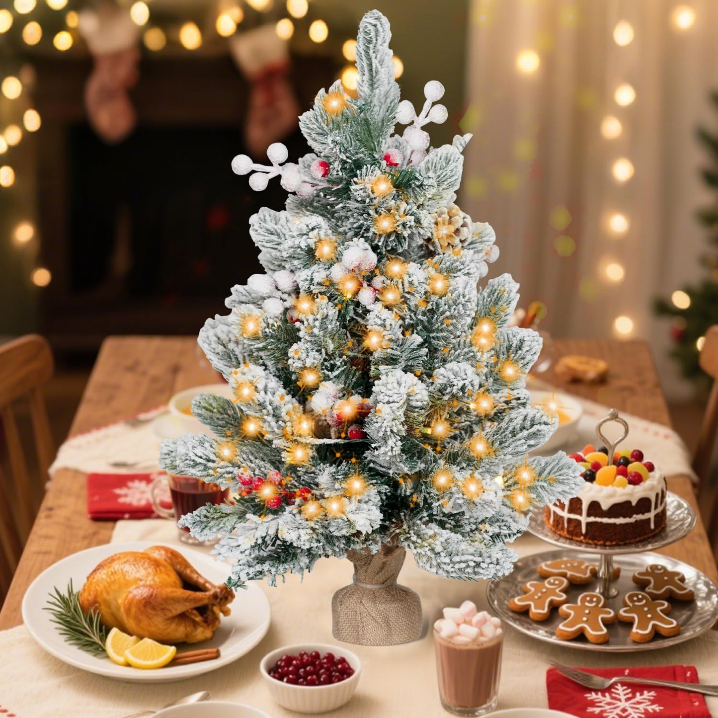 ININ 2FT Pre-lit Mini Christmas Snow Flocked Tree,Tabletop Artificial Christmas Tree with LED Lights, Small Xmas Pine Tree with Cloth Bag Base for Christmas Decor,12 Clusters Berry & 8 Pinecones