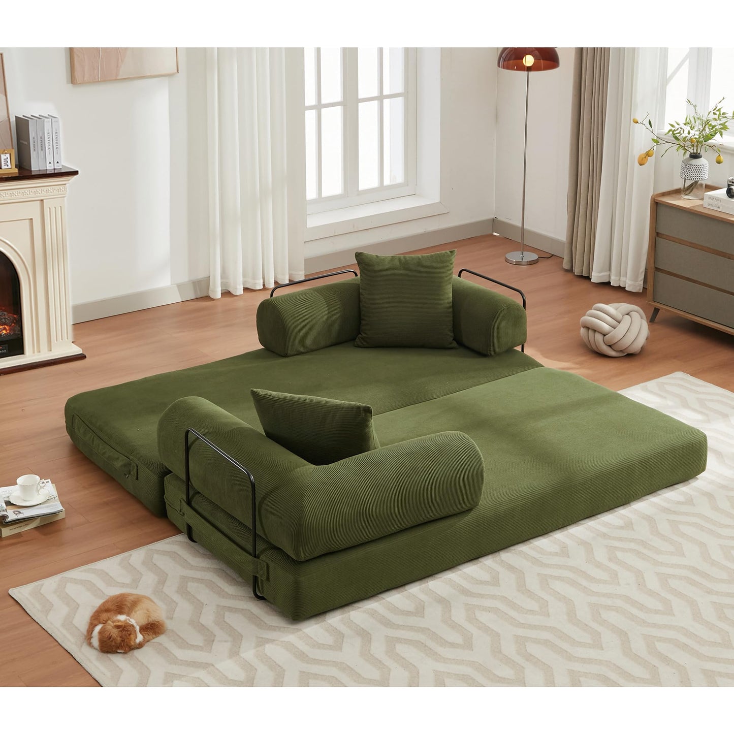 ZEIINPA Convertible Sleeper Sofa Bed with Cylindrical Pillow, Corduroy Folding Mattress Couch with Fixed-Shape Frame, Floor Sofa Lounge Couch for Living Room Bedroom Lounge Studio-Green