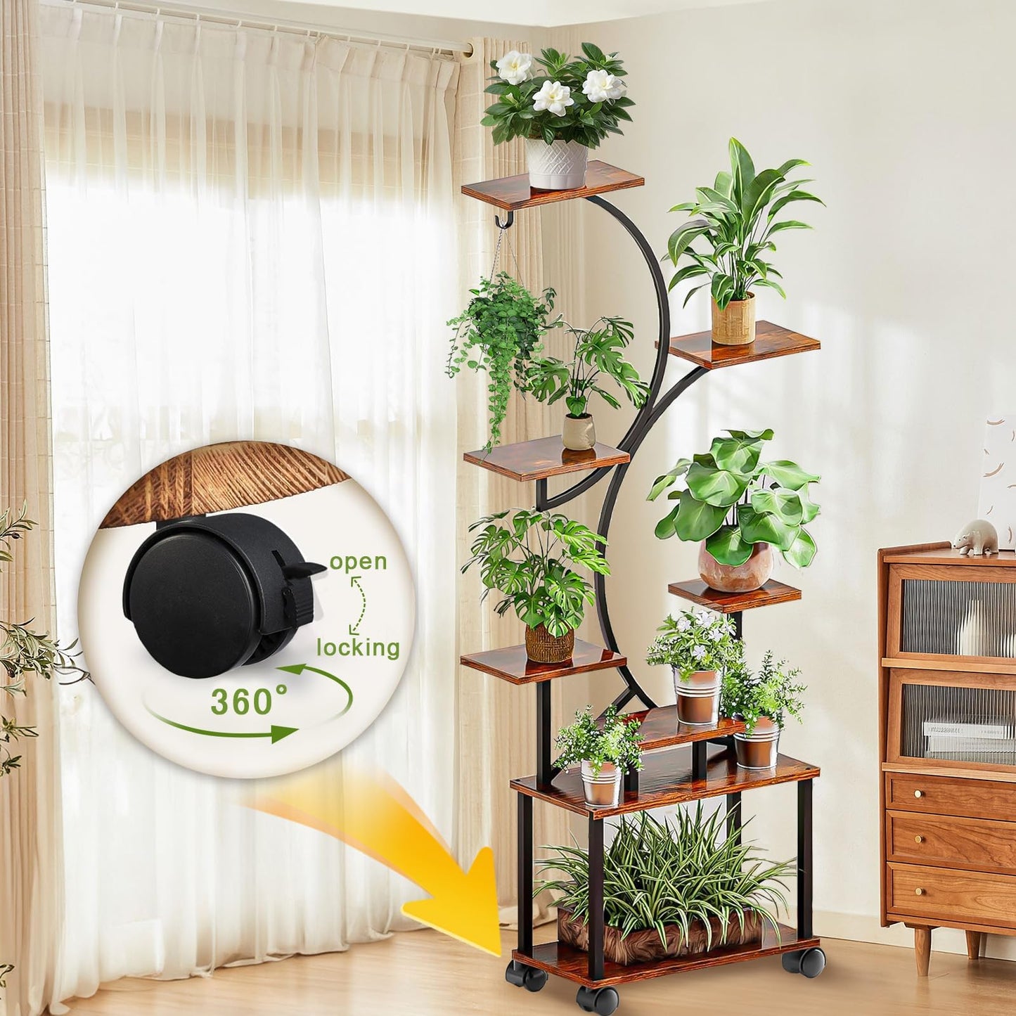 Indoor Plant Stand with Grow Lights ，Stylish S-Shaped Metal Rack for Multiple Indoor Holder Plants ，8-Tiered 62" Tall Plant Shelf for Home and Patio ，Perfect for Plant Lovers (Black-With roller)