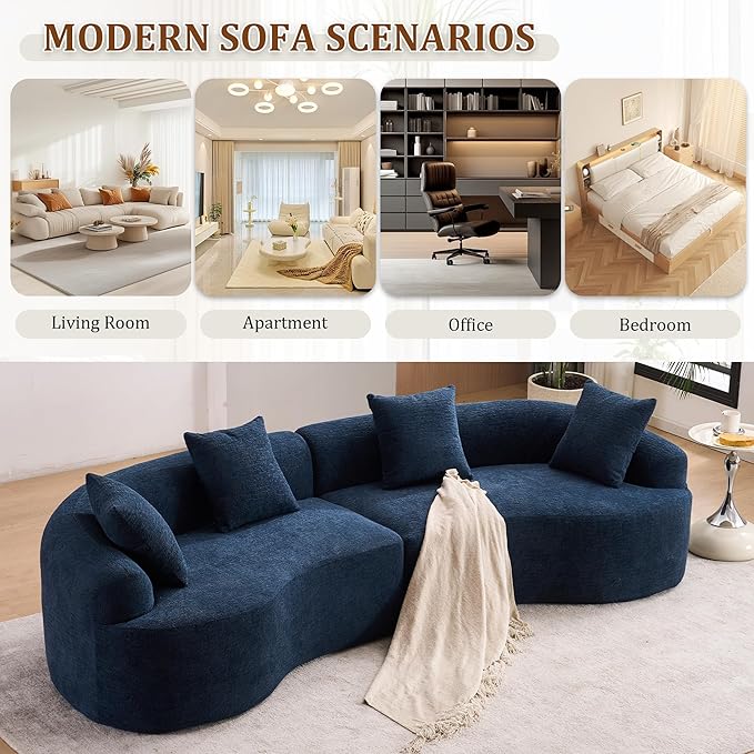 110" Oversized Modern Curved Cloud Sectional Sofa, Luxury Plush Chenille 4-Seater Deep Wide Seat Couch with 4 Pillows, No Assembly Needed Apartment Living Room Furniture, Blue